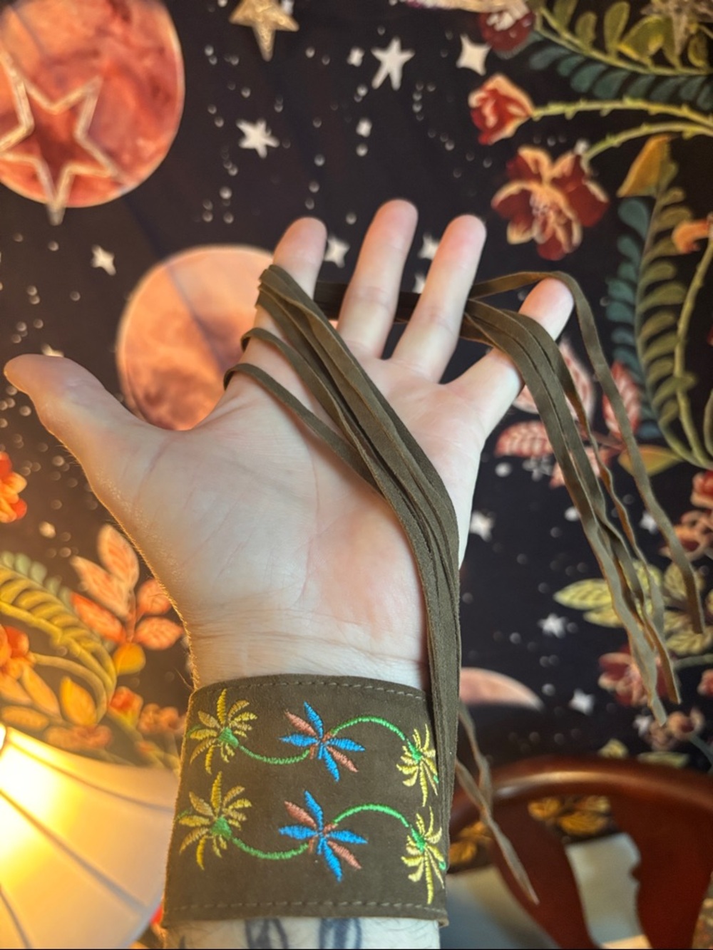 Custom Brown Suede Fringe cuff with Colorful Floral Embroidery